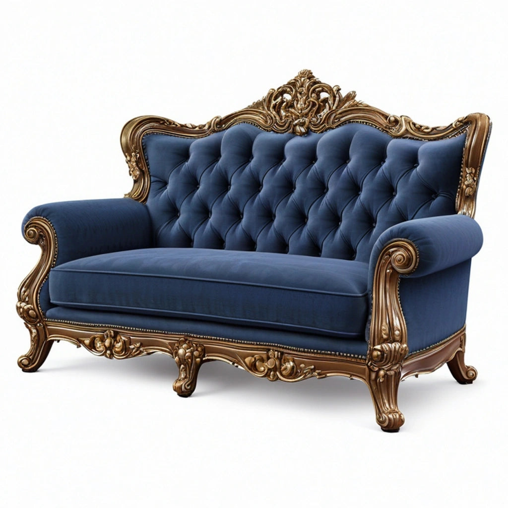 Divano due posti 175 x 90 x 120 cm in velluto blu con struttura in legno stile classico ornamentale