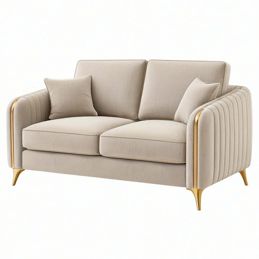 Divano due posti 160 cm in tessuto beige con gambe metalliche dorate - stile moderno per soggiorno