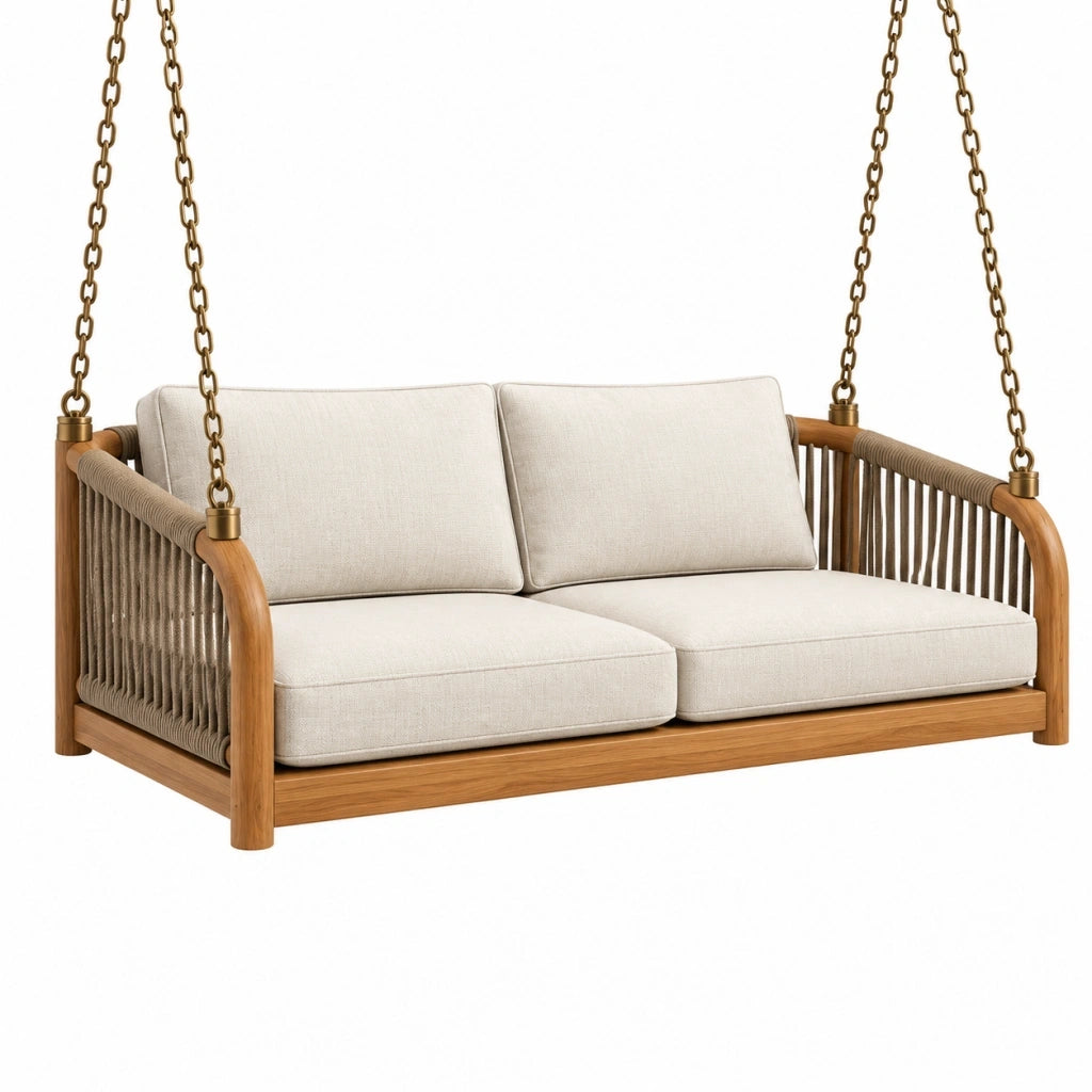 Divanetto sospeso 140 x 75 x 70 cm in legno marrone e corda beige per esterno