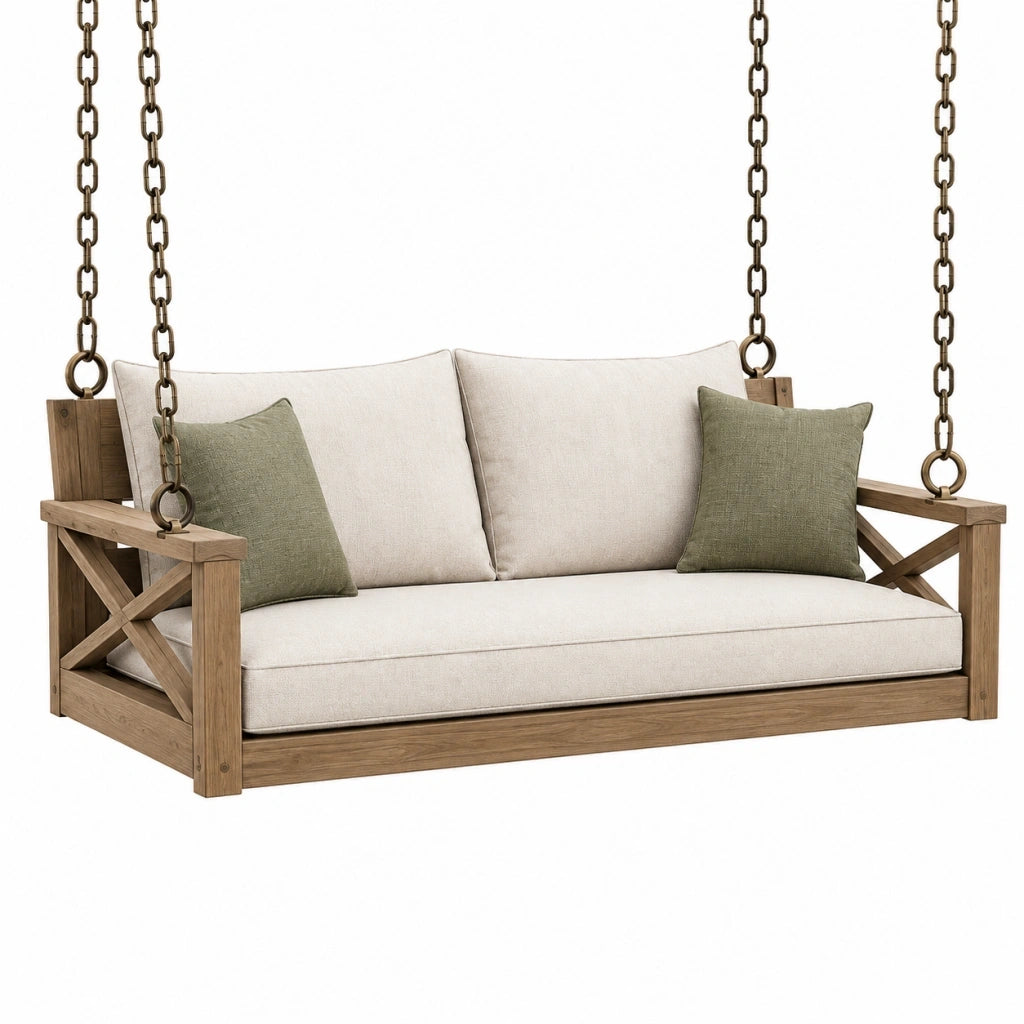Dondolo da giardino 150 x 80 x 190 cm in legno marrone con seduta beige - stile rustico sospeso