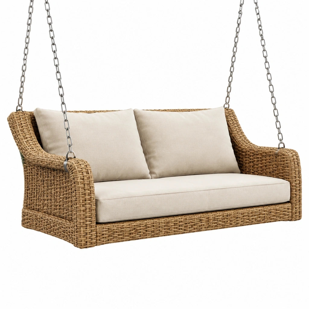 Divano sospeso da giardino 150 x 75 x 70 cm in rattan naturale con catene metalliche stile boho
