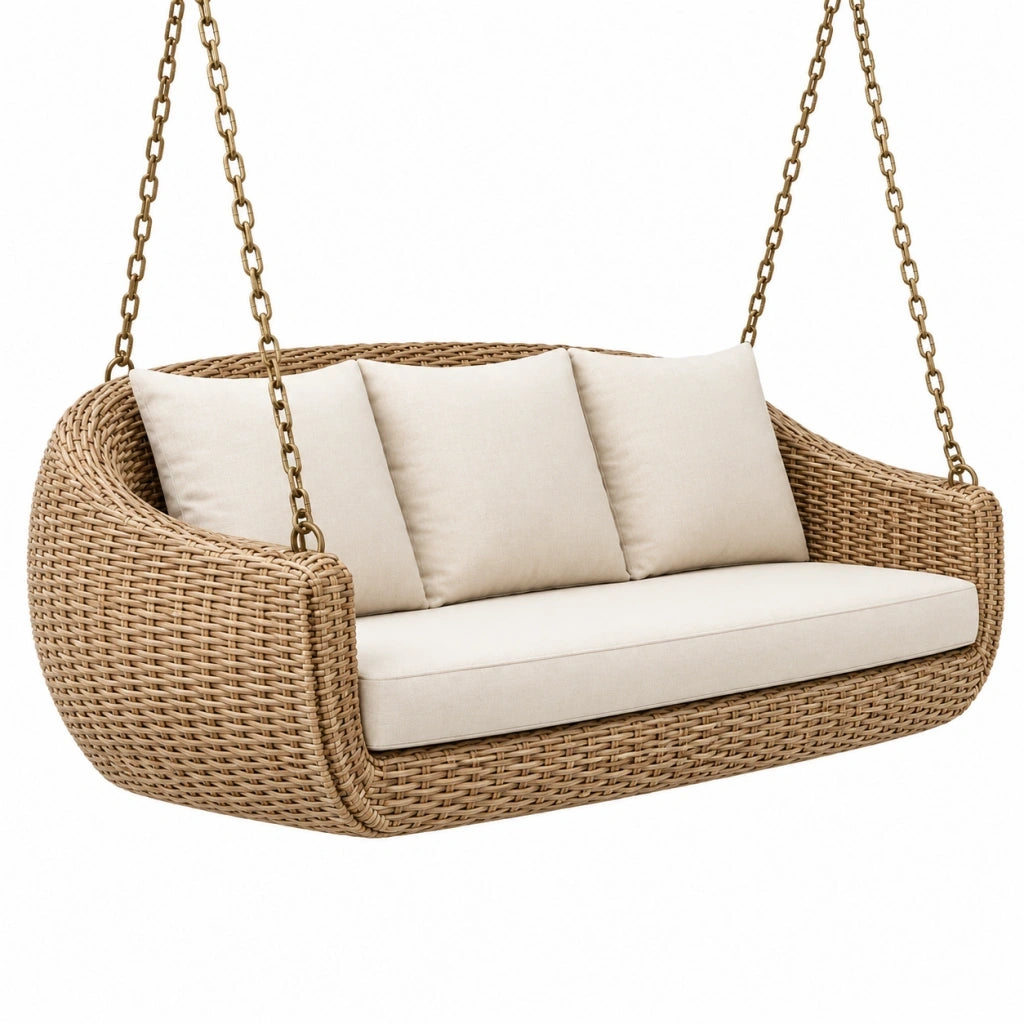 Dondolo sospeso 150 x 80 x 70 cm in fibra intrecciata beige con catene in metallo per esterno