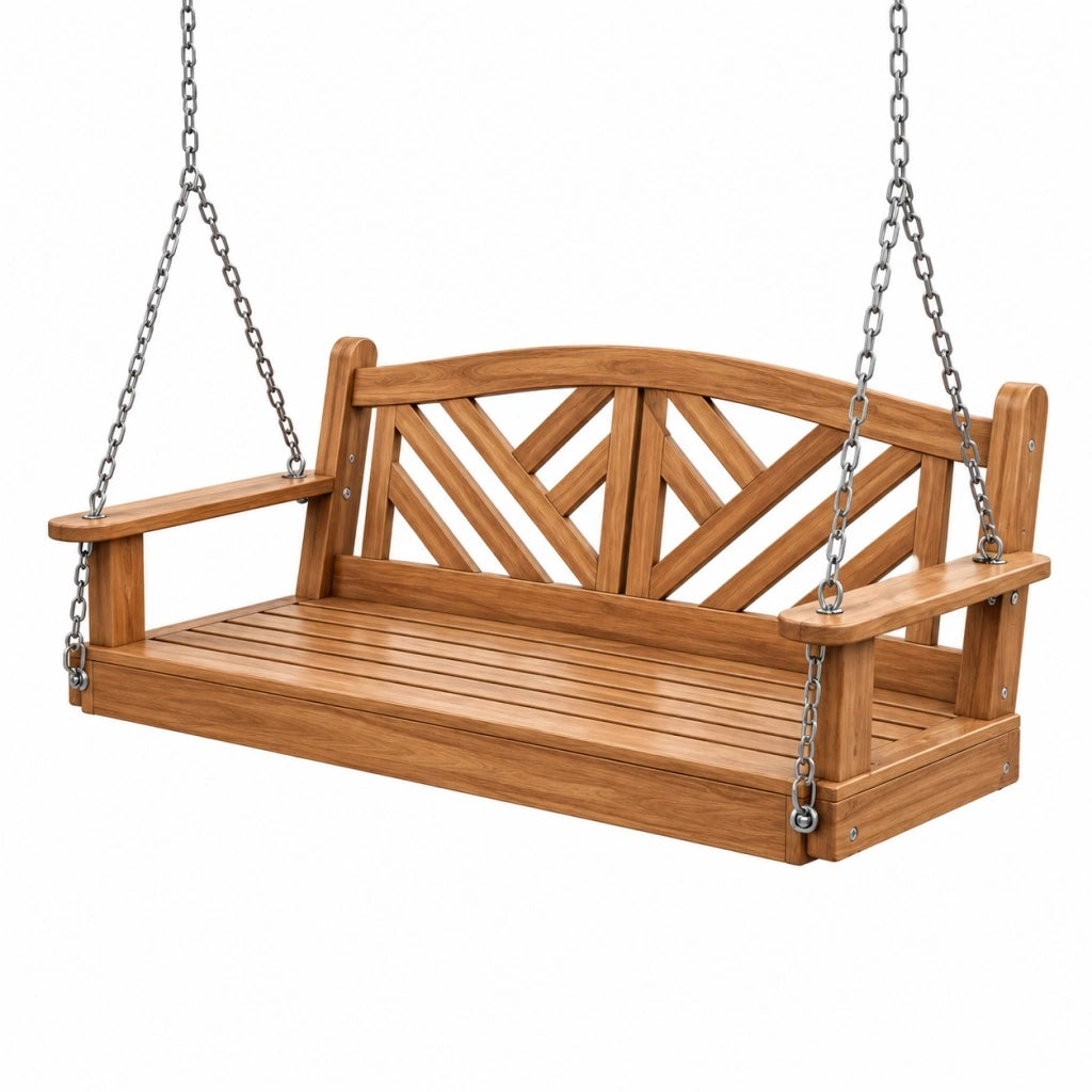 Dondolo sospeso da giardino 120 cm in legno marrone con schienale decorativo