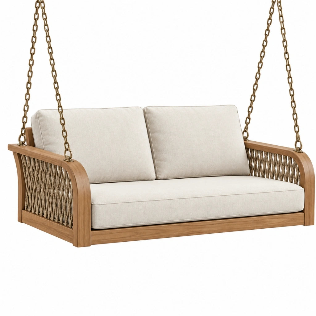 Divano a dondolo sospeso 160 x 85 x 70 cm in legno e corda beige naturale stile boho