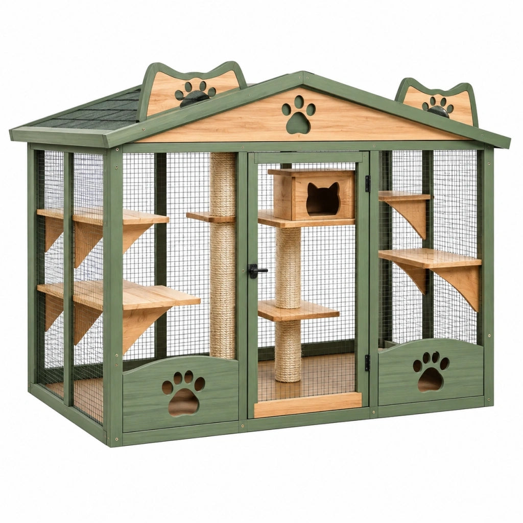 Recinto per gatti 180 x 90 x 180 cm in legno verde con rete - casetta da esterno con ripiani