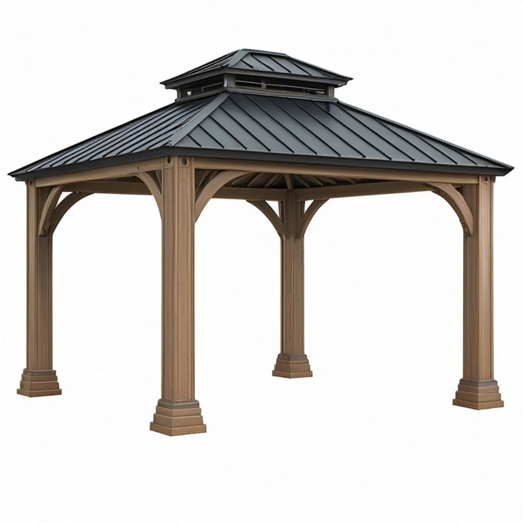Gazebo da giardino 300 x 300 cm in legno marrone con tetto in metallo nero