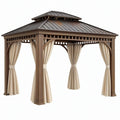 Gazebo da giardino 300x300x320 cm in legno e metallo marrone con tende beige stile classico