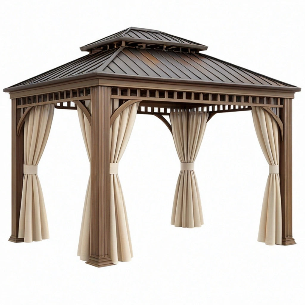 Gazebo da giardino 300x300x320 cm in legno e metallo marrone con tende beige stile classico