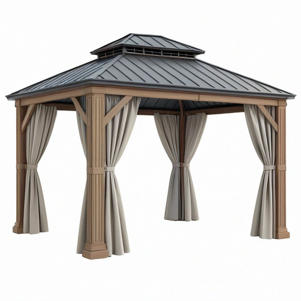 Gazebo da giardino 300 x 300 x 300 cm in legno metallo e tessuto marrone antracite beige con tende stile classico