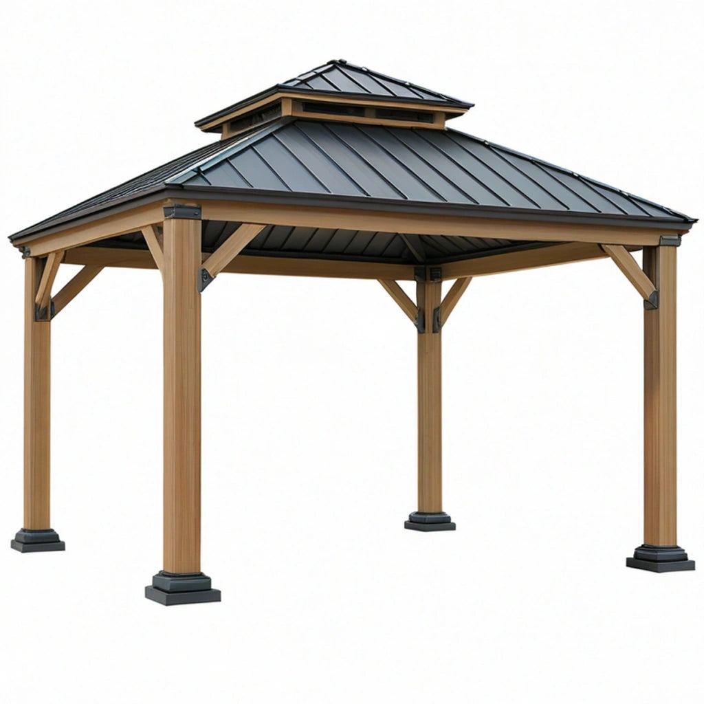 Gazebo da giardino 300 x 300 cm in legno e metallo marrone/antracite con tetto rigido ventilato
