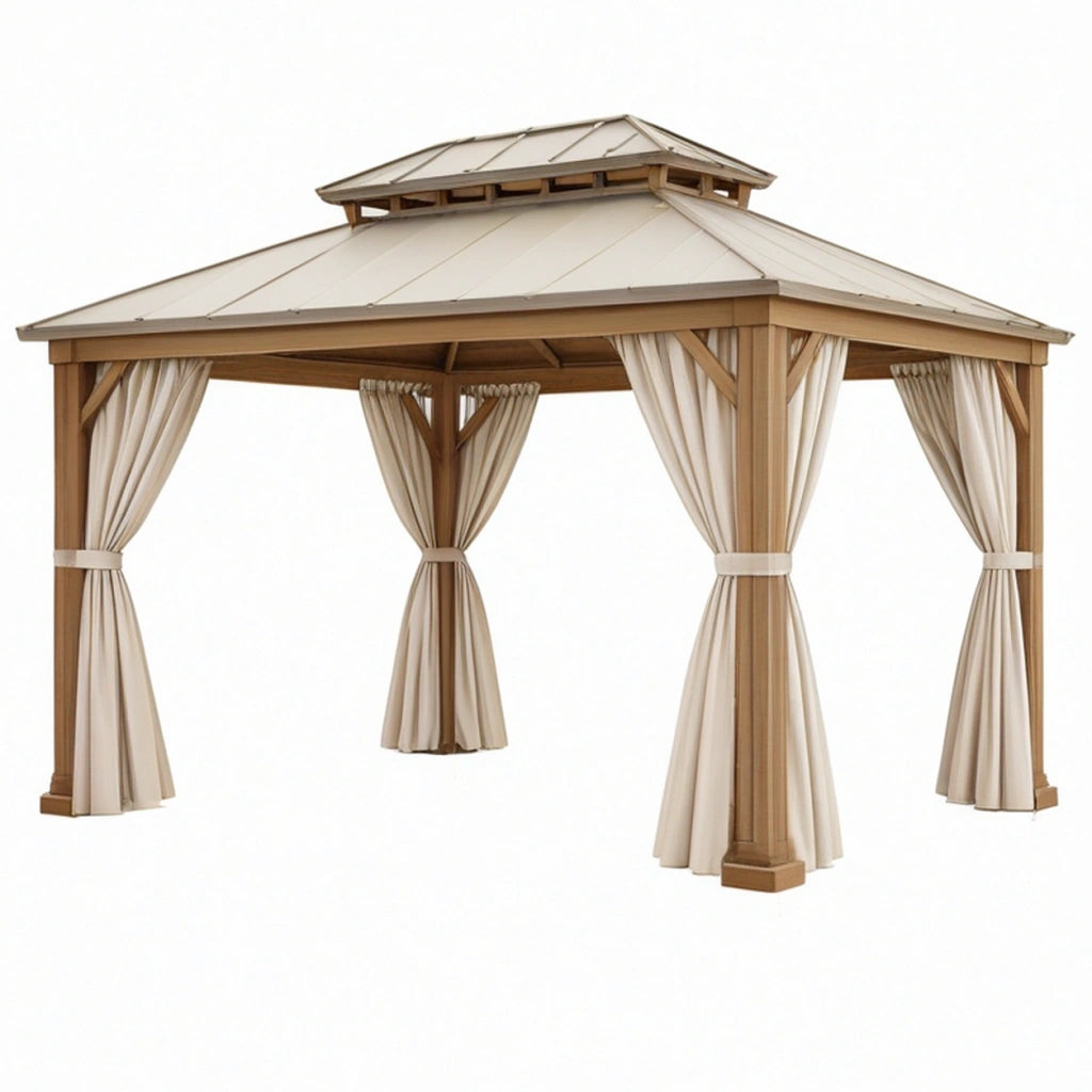 Gazebo da giardino 300 x 300 x 300 cm in legno marrone con tende beige - copertura a doppio tetto