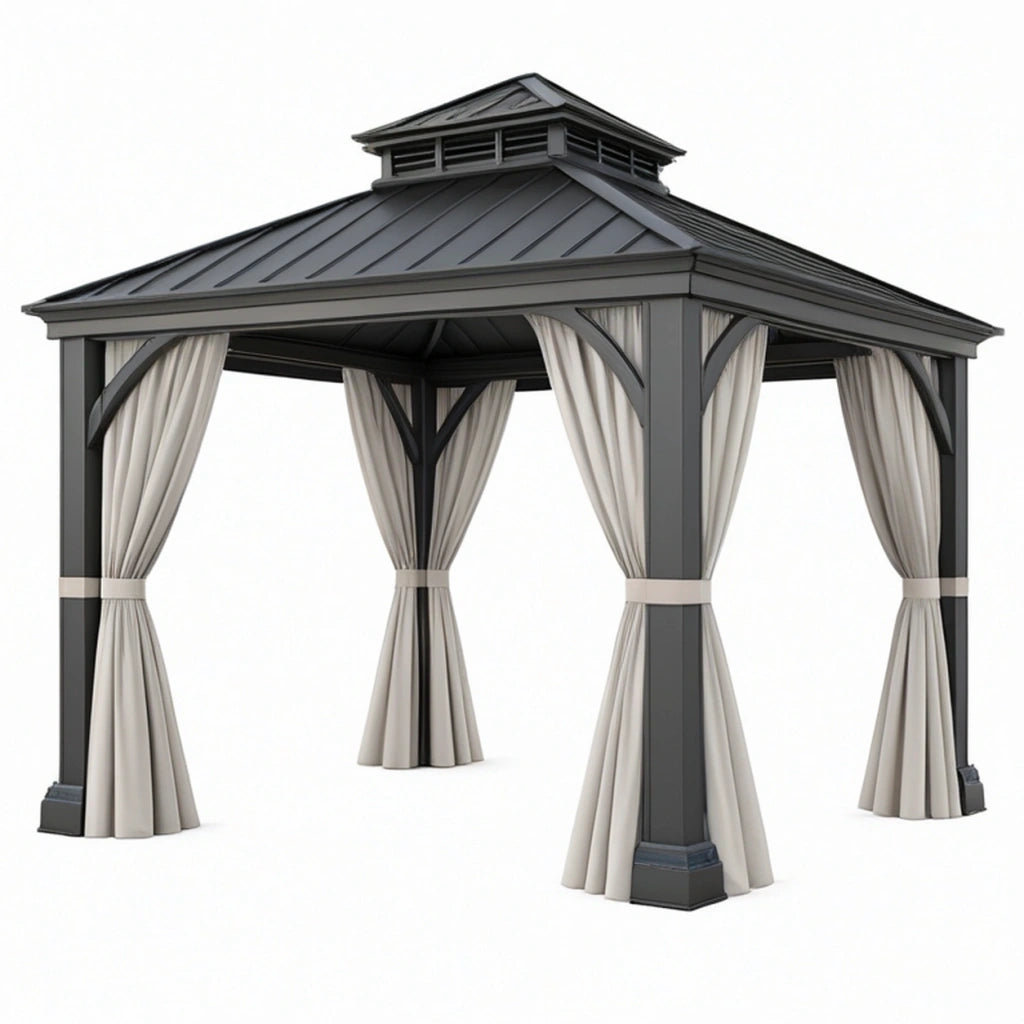 Gazebo da giardino 300 x 300 x 300 cm in metallo grigio con tende laterali e tetto ventilato
