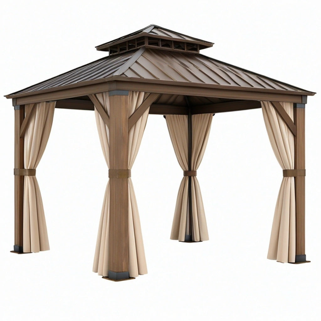 Gazebo da giardino 300 x 300 x 300 cm in metallo marrone con tende beige - copertura a padiglione