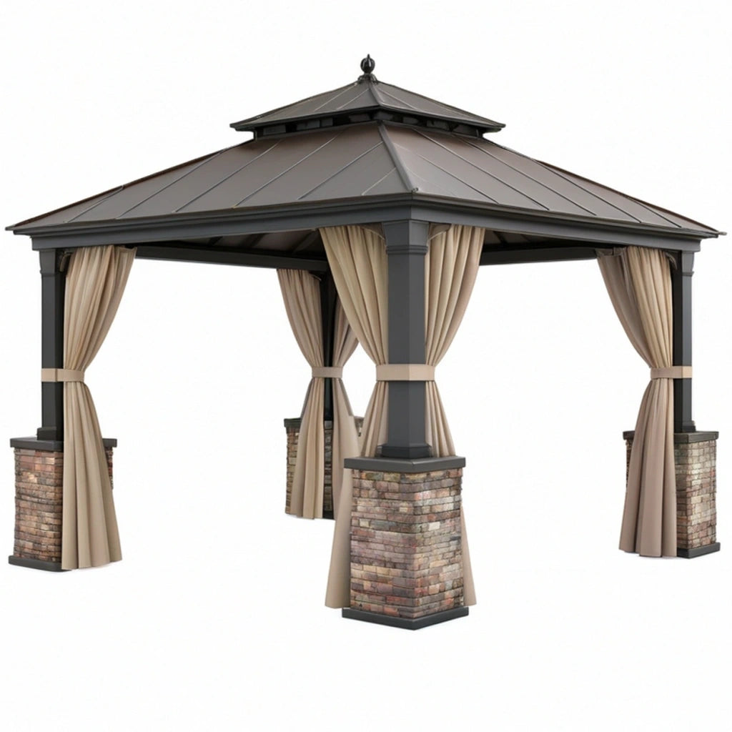 Gazebo da giardino 300 x 300 x 300 cm in metallo antracite con tende beige e tetto rigido