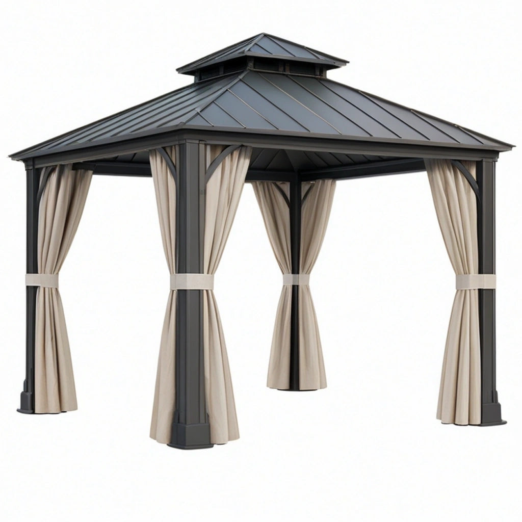 Gazebo da giardino 300 x 300 cm in metallo nero e beige con tende laterali stile classico