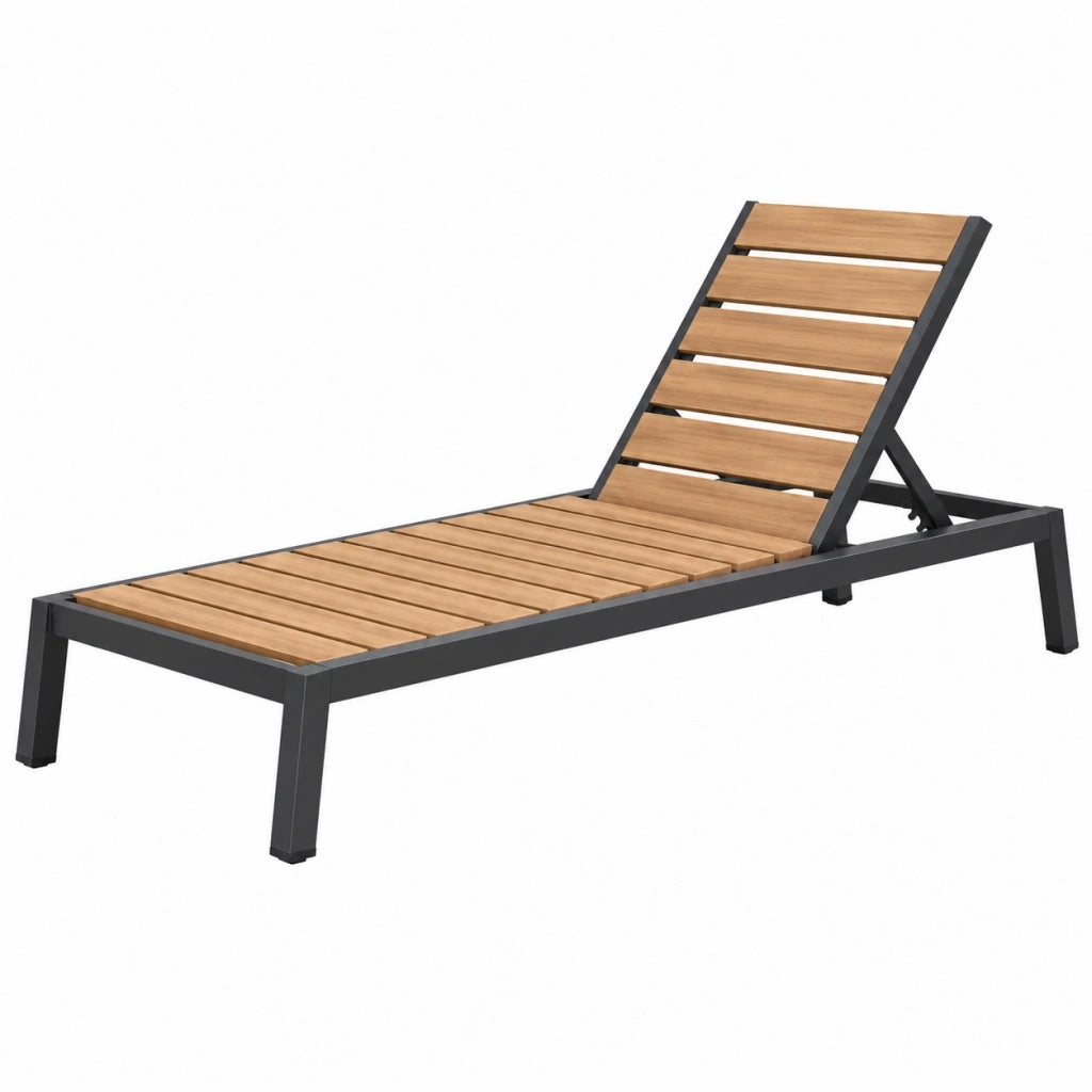 Lettino prendisole 195 x 65 cm in legno marrone e metallo nero con schienale regolabile