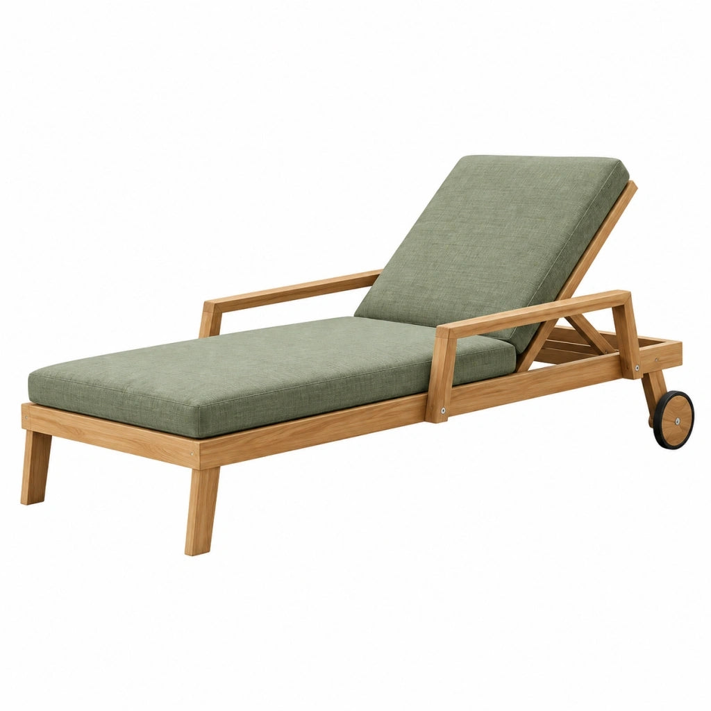 Lettino prendisole 200 x 70 cm in legno naturale e tessuto verde con schienale regolabile e ruote