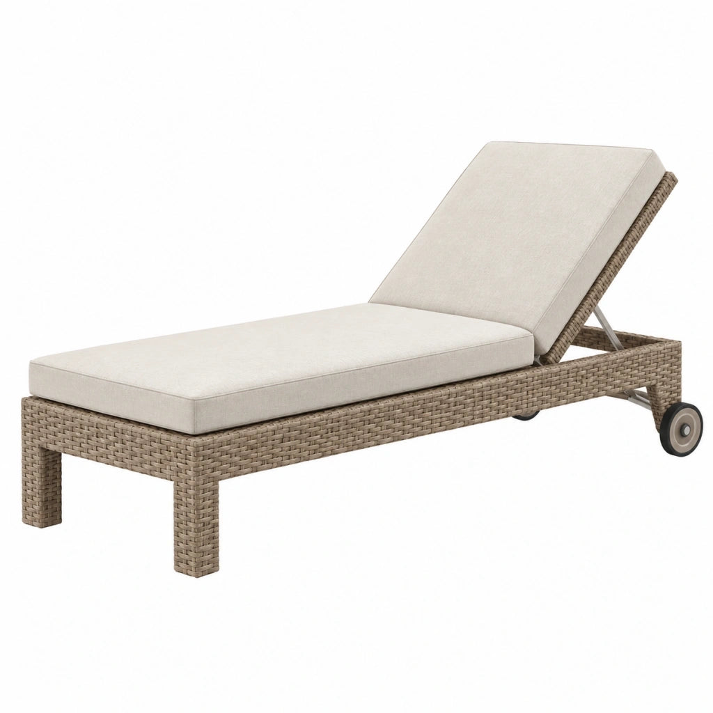Lettino prendisole 200 x 70 cm in rattan sintetico beige con schienale regolabile e ruote da esterno
