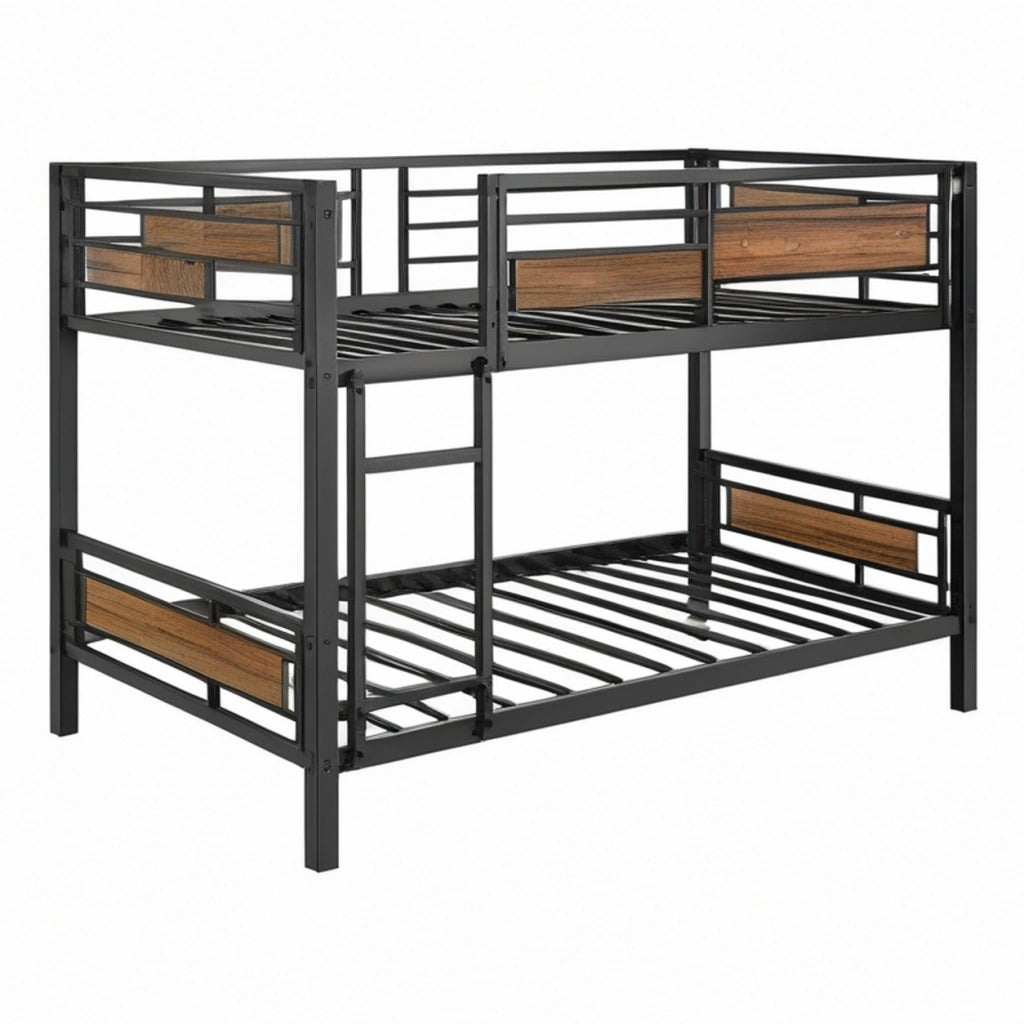 Letto a castello 90 x 190 cm in metallo nero con pannelli effetto legno - struttura salvaspazio