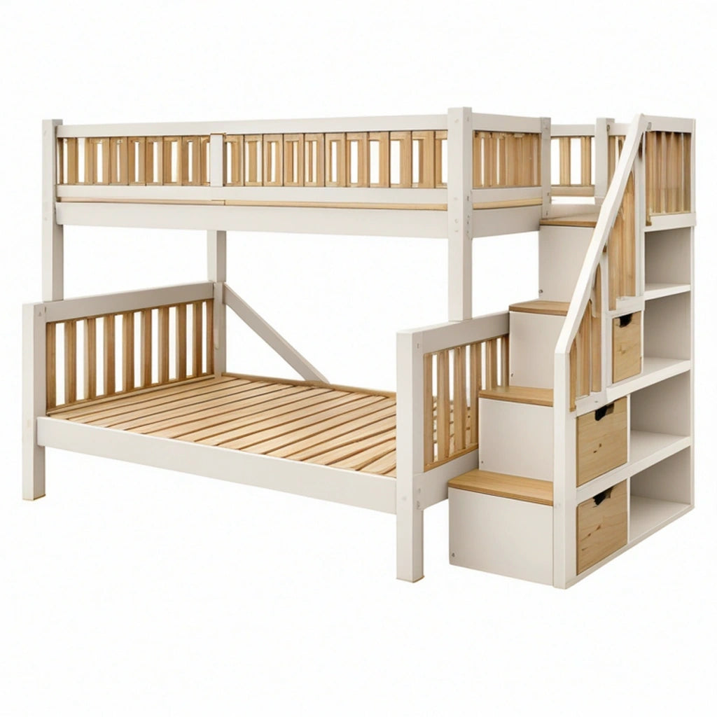Letto a castello 207 x 135 x 180 cm in legno bianco/naturale con scala e contenitori