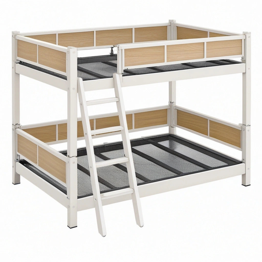 Letto a castello 90 x 190 cm in acciaio bianco e pannelli color legno con scala e rete metallica