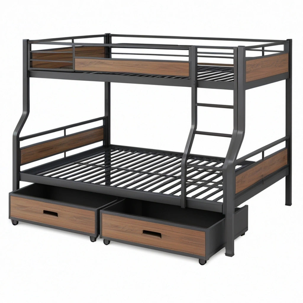 Letto a castello 90 x 190 cm in metallo nero e pannelli effetto legno con cassetti estraibili