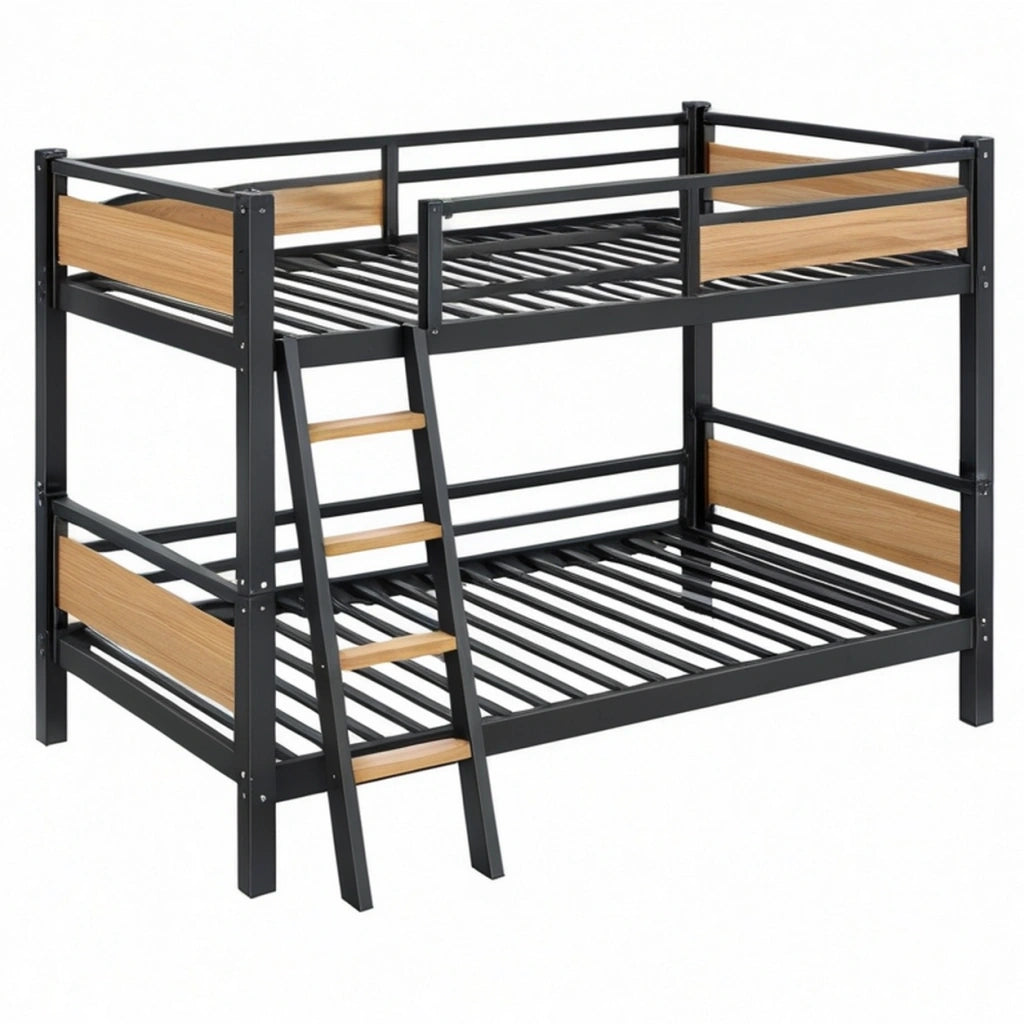 Letto a castello 90 x 190 cm in metallo nero e pannelli effetto legno con scala