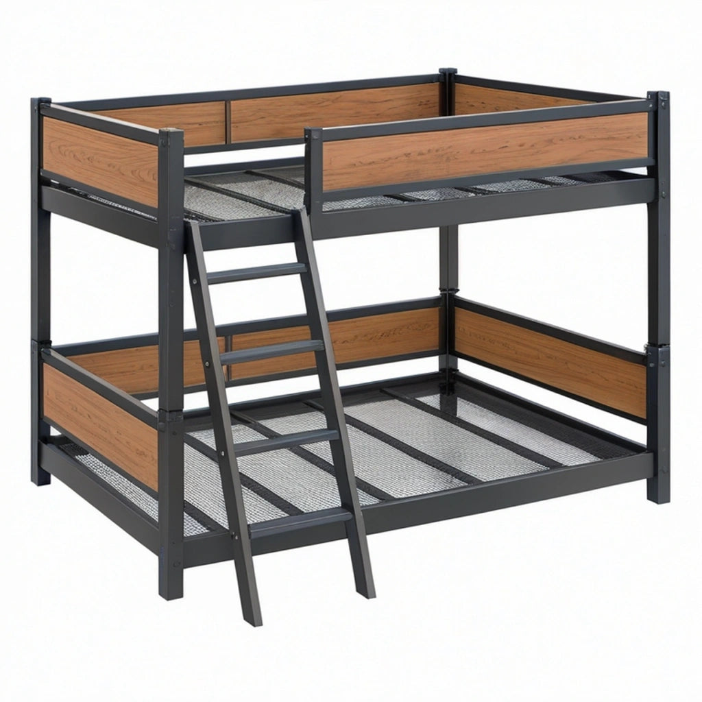 Letto a castello 140 x 200 cm in metallo nero e pannelli effetto legno - stile industriale con scala