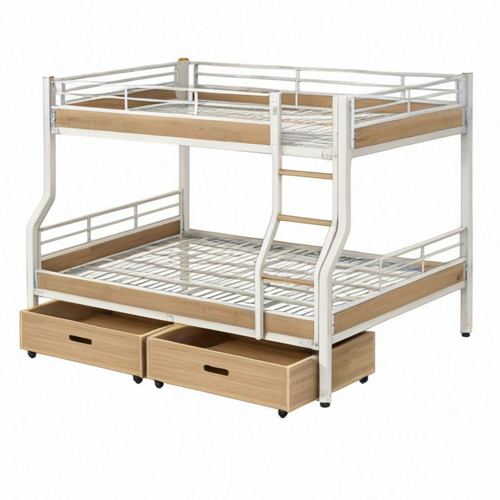 Letto a castello 198 x 96 x 170 cm in acciaio bianco e pannelli effetto legno con cassetti estraibili