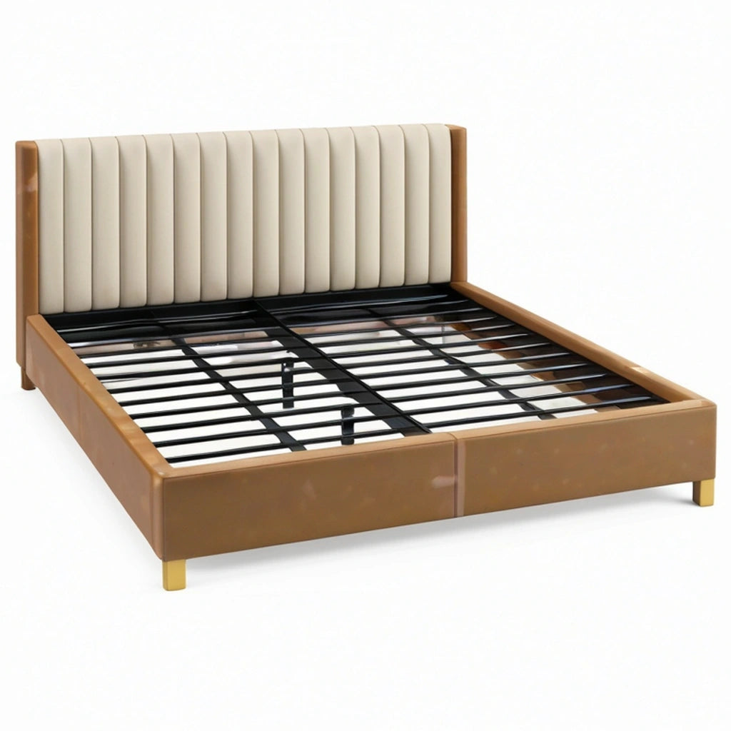 Letto matrimoniale 160 x 200 cm in similpelle marrone e beige con rete a doghe stile moderno